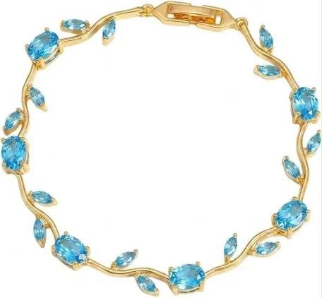 Gold Plated Blue Cubic Zirconia Tennis Bracelet for Women | Elegant Floral Crystal Bracelet