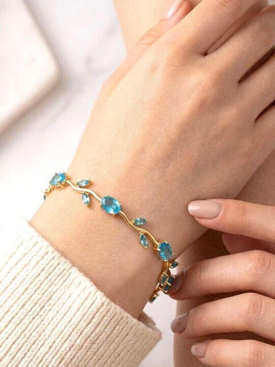Gold Plated Blue Cubic Zirconia Tennis Bracelet for Women | Elegant Floral Crystal Bracelet