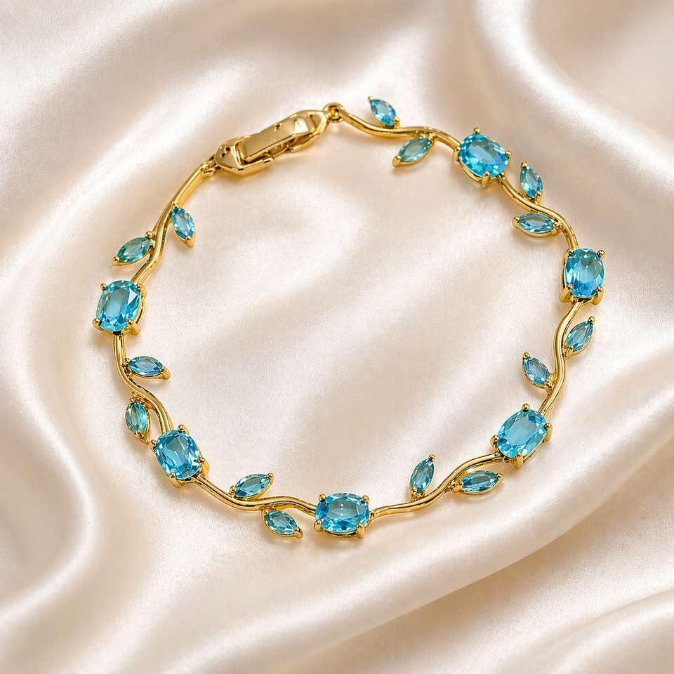 Gold Plated Blue Cubic Zirconia Tennis Bracelet for Women | Elegant Floral Crystal Bracelet