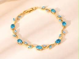 Gold Plated Blue Cubic Zirconia Tennis Bracelet for Women | Elegant Floral Crystal Bracelet
