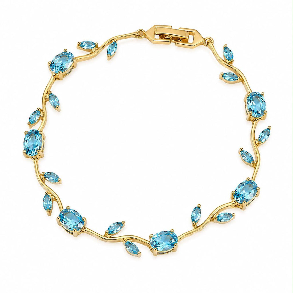 Gold Plated Blue Cubic Zirconia Tennis Bracelet for Women | Elegant Floral Crystal Bracelet