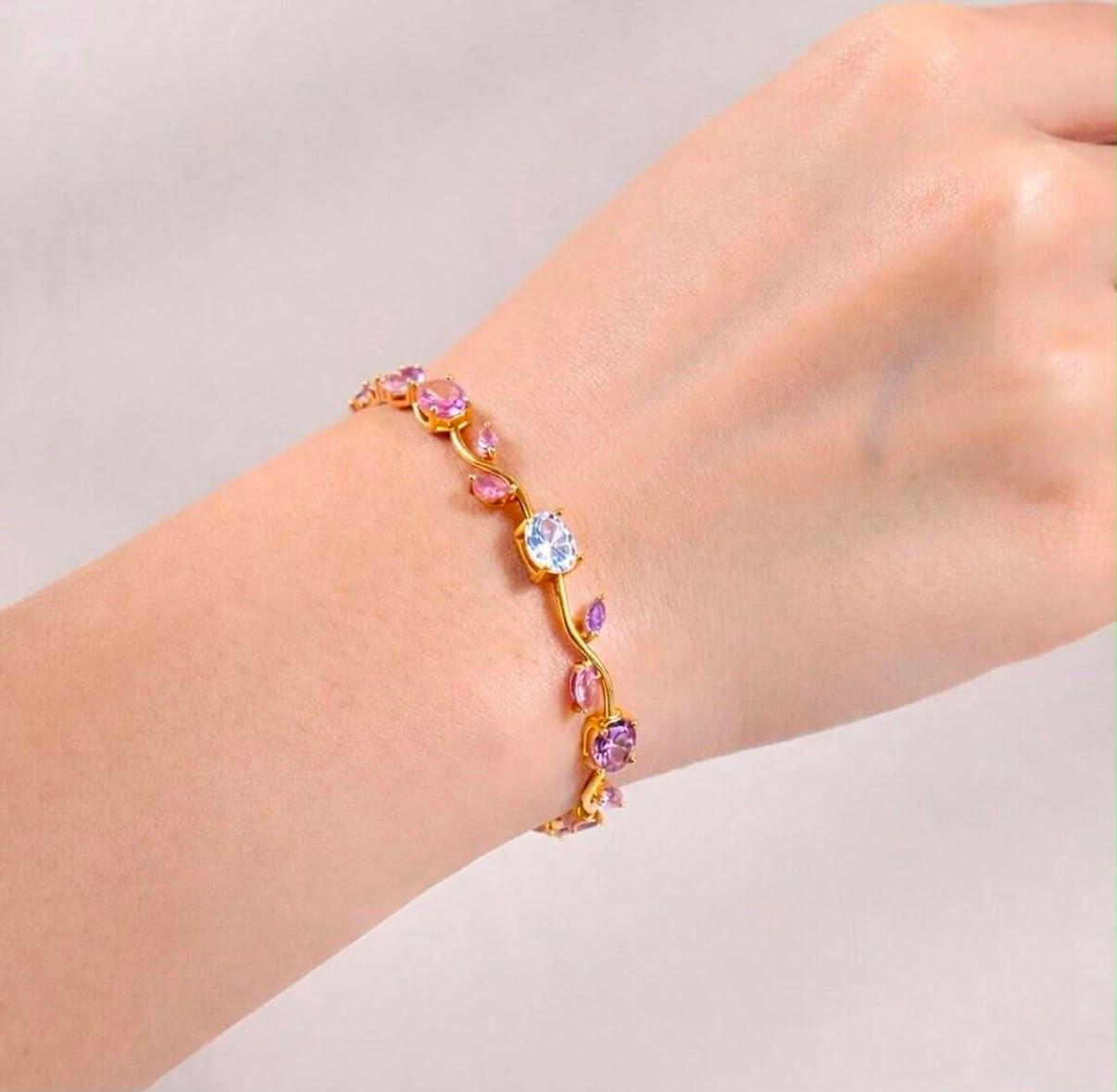 Gold Plated Pink & Purple CZ Tennis Bracelet for Women
