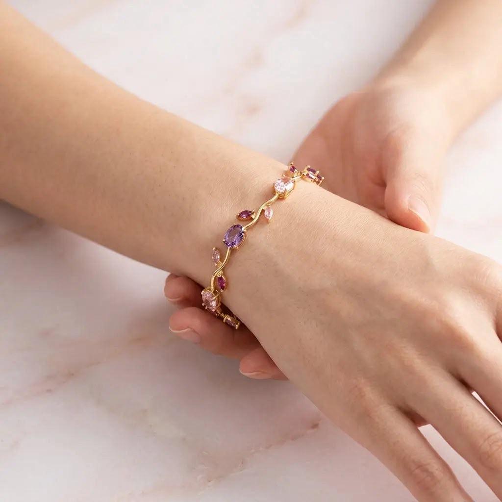 Gold Plated Pink & Purple CZ Tennis Bracelet for Women