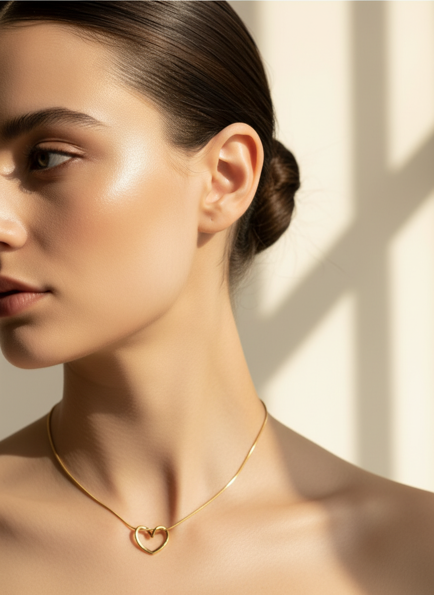 Woman wearing a gold necklace with a heart pendant against a neutral background
