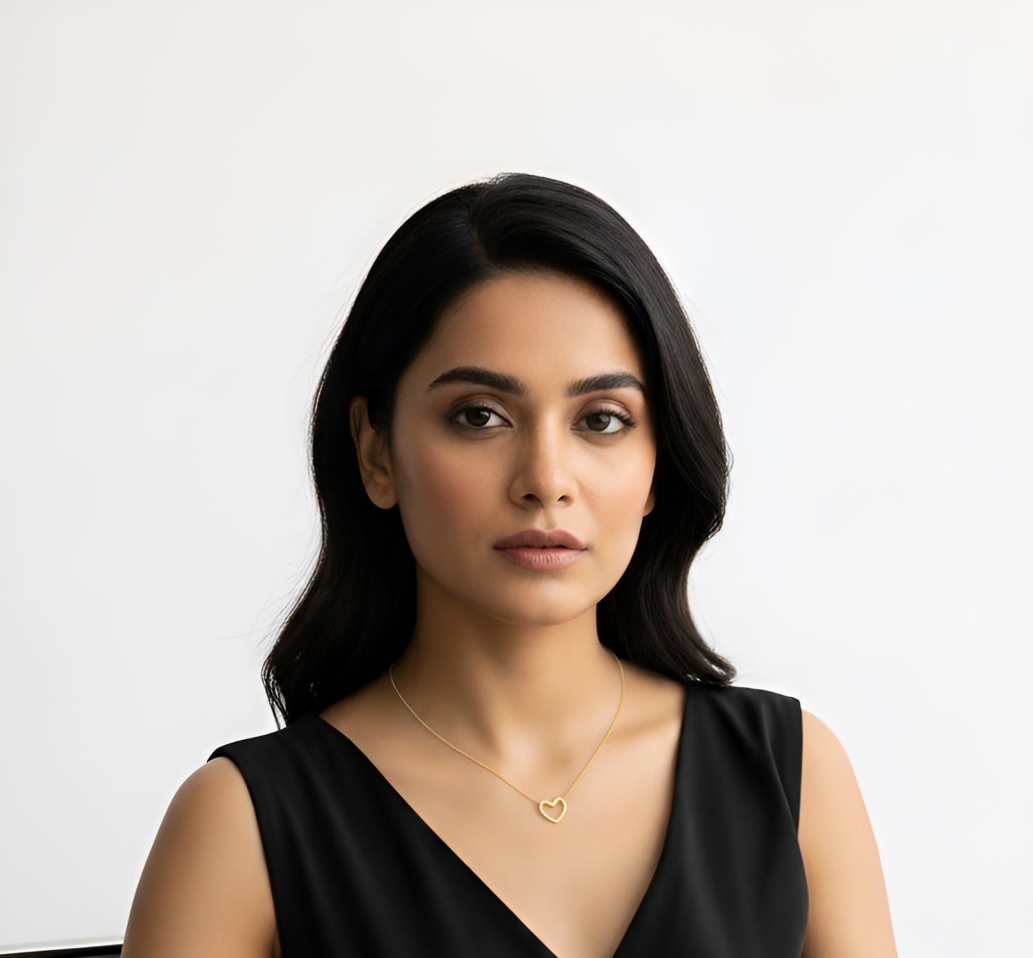 Woman in a black dress sitting on a chair against a white background