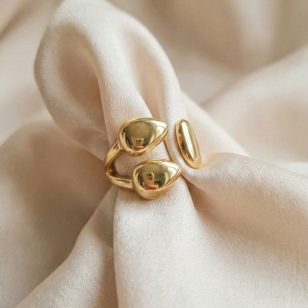Gold Ring Duo Set | Adjustable Stackable Ring Set | Open Band & Nugget Ring Combo