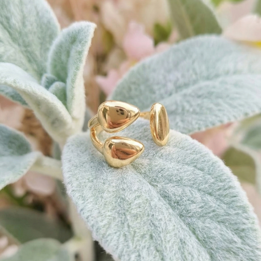 Gold Ring Duo Set | Adjustable Stackable Ring Set | Open Band & Nugget Ring Combo