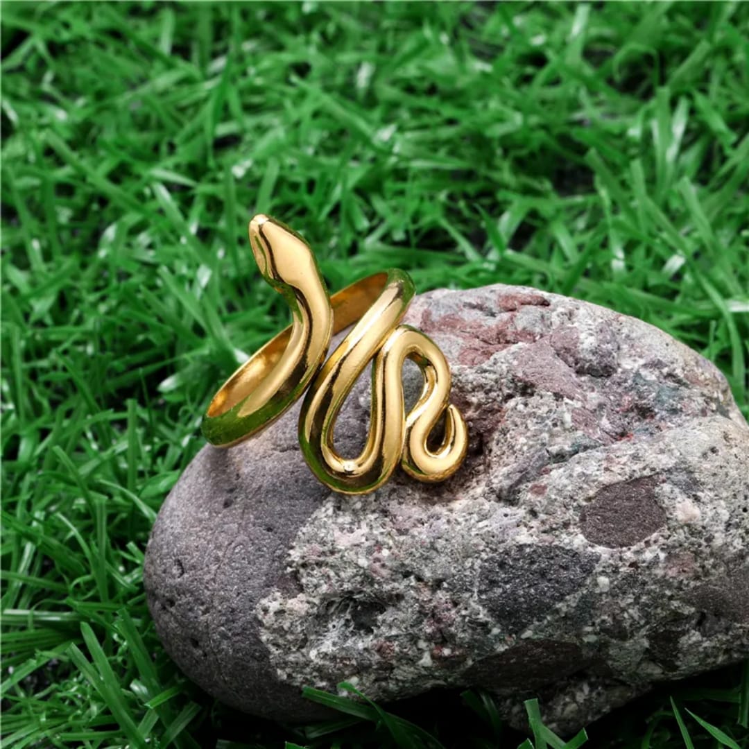 Gold ring on a rock with grass background
