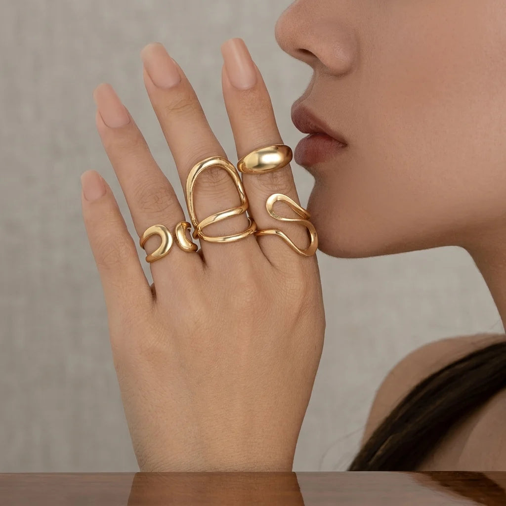 Gold Statement Rings Set of 4 | Chunky Ring Combo for Women | Fashion Rings