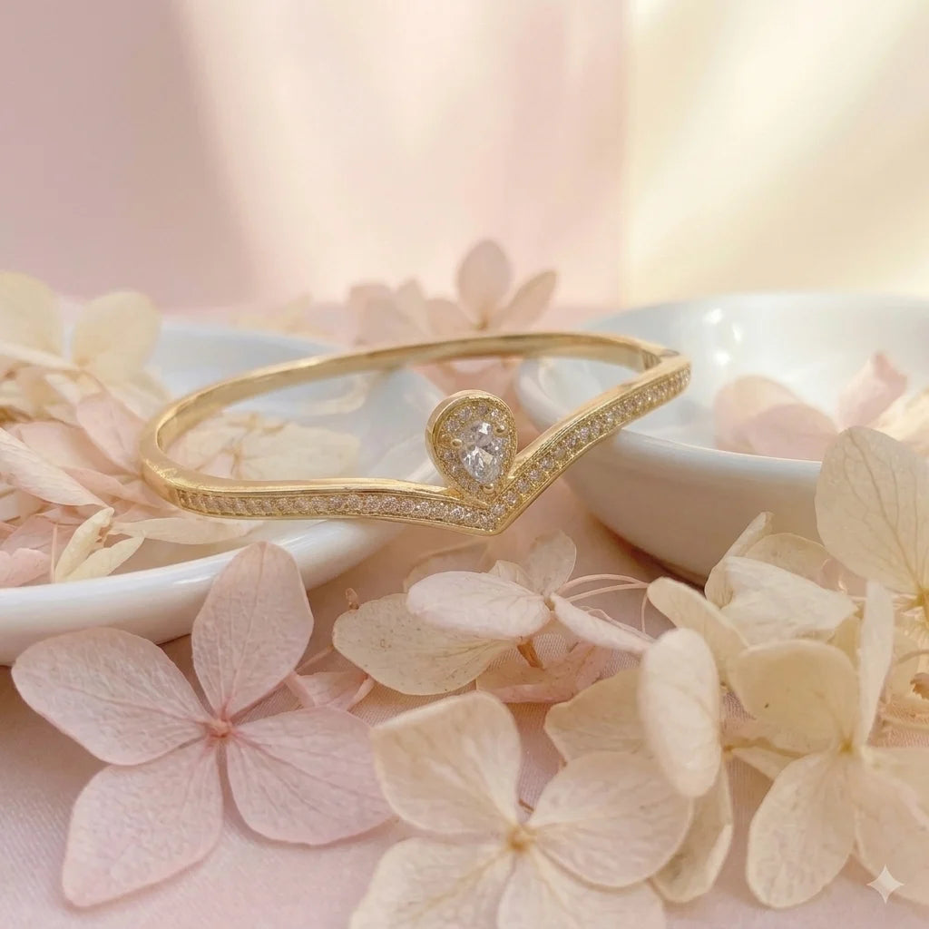 Gold Teardrop Wishbone Bracelet | Crystal Bangle for Women | Fashion Jewellery