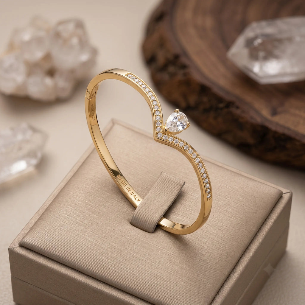 Gold Teardrop Wishbone Bracelet | Crystal Bangle for Women | Fashion Jewellery