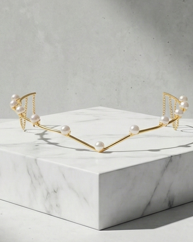 Top: Jewelry box with pearls, middle: Floral crown on a stone surface, bottom: Gold crown on a marble stand.