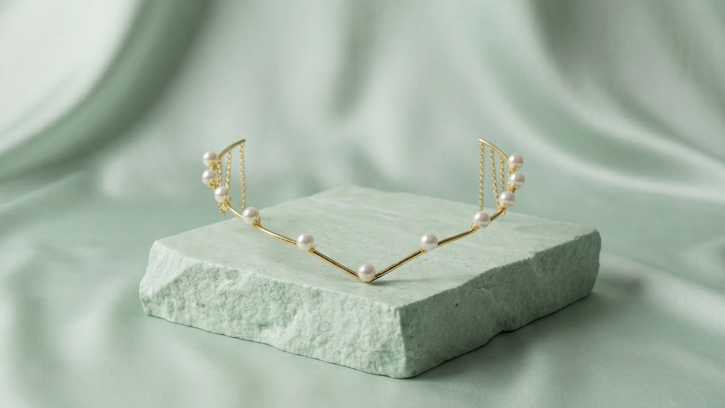 Gold headband with pearls on a stone block against a soft green background