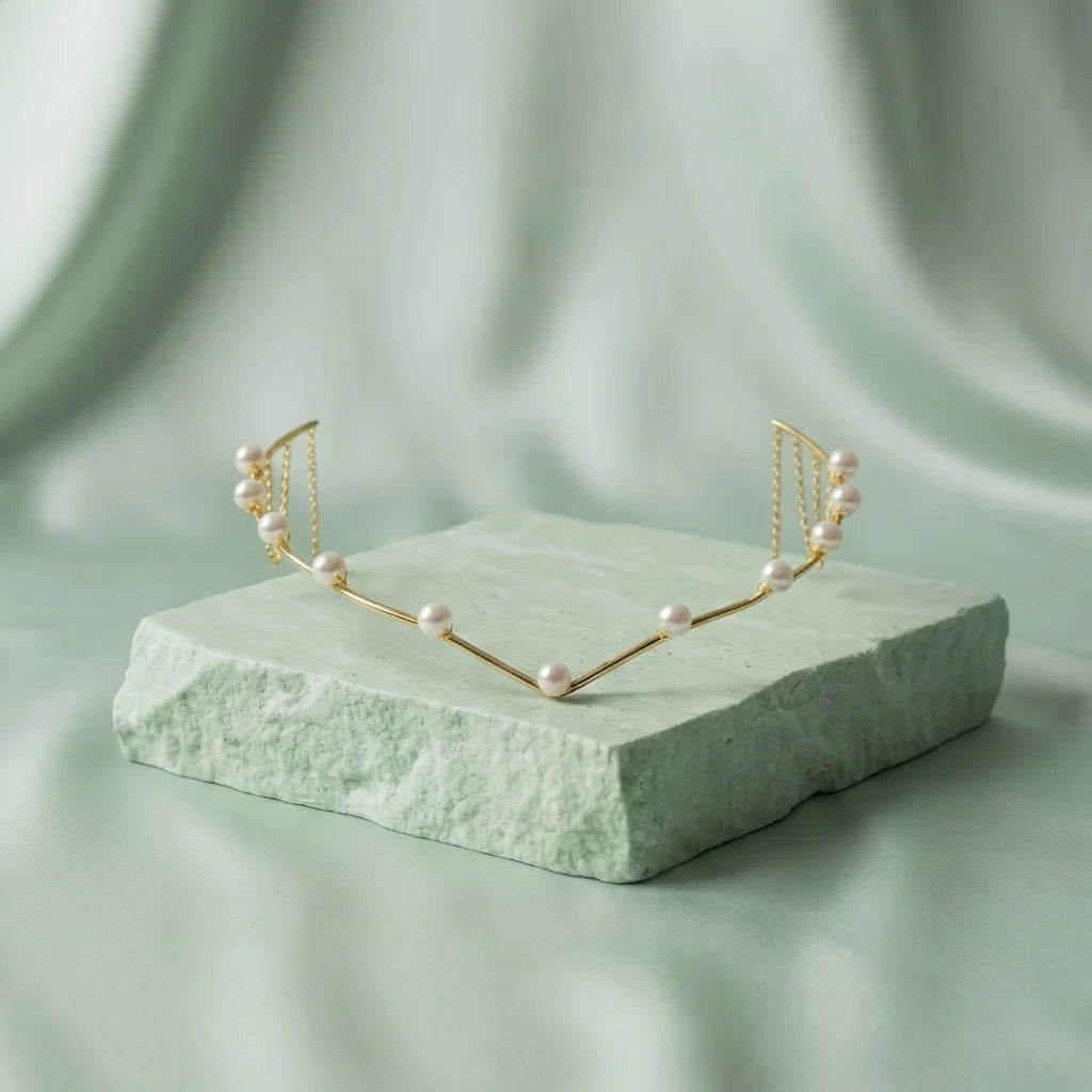 Gold V-Shaped Hair Halo with Pearl Embellishments - Elegant  Headpiece