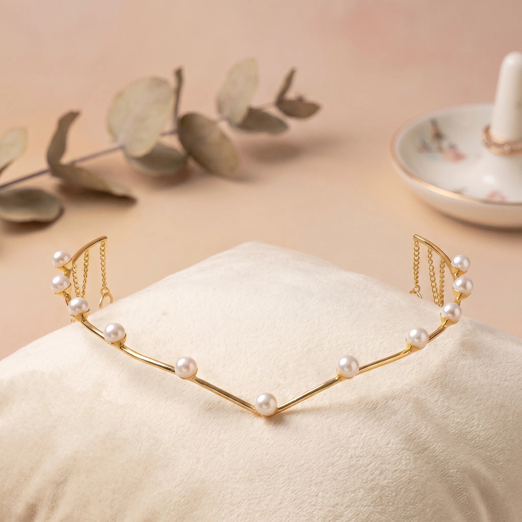Gold V-Shaped Hair Halo with Pearl Embellishments - Elegant  Headpiece