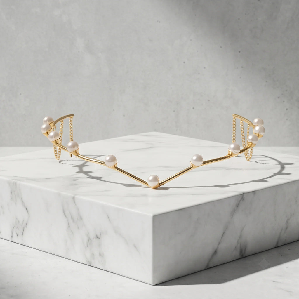 Gold V-Shaped Hair Halo with Pearl Embellishments - Elegant  Headpiece