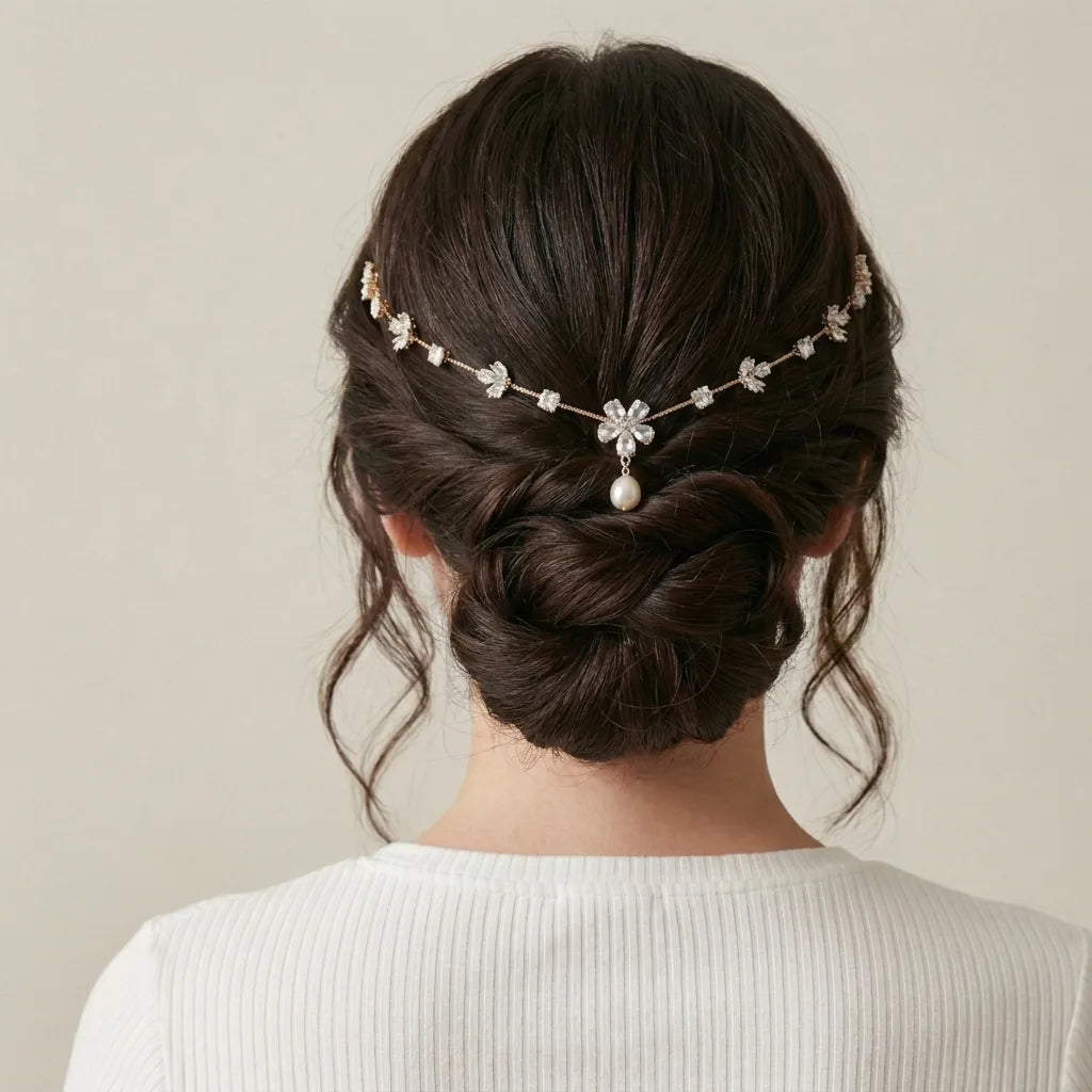 Hera Blossom Pearl Hair Halo | Crystal Bridal Hair Chain