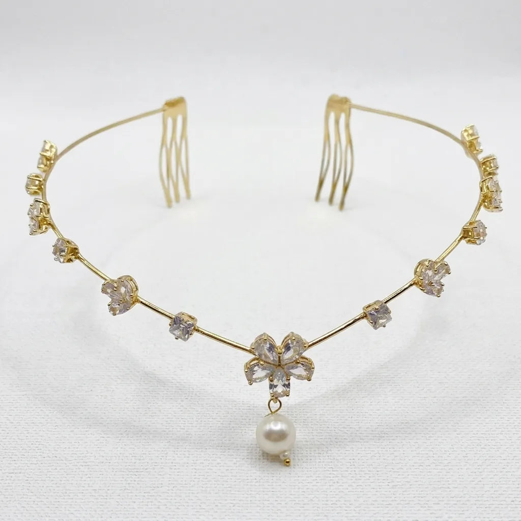 Hera Blossom Pearl Hair Halo | Crystal Bridal Hair Chain