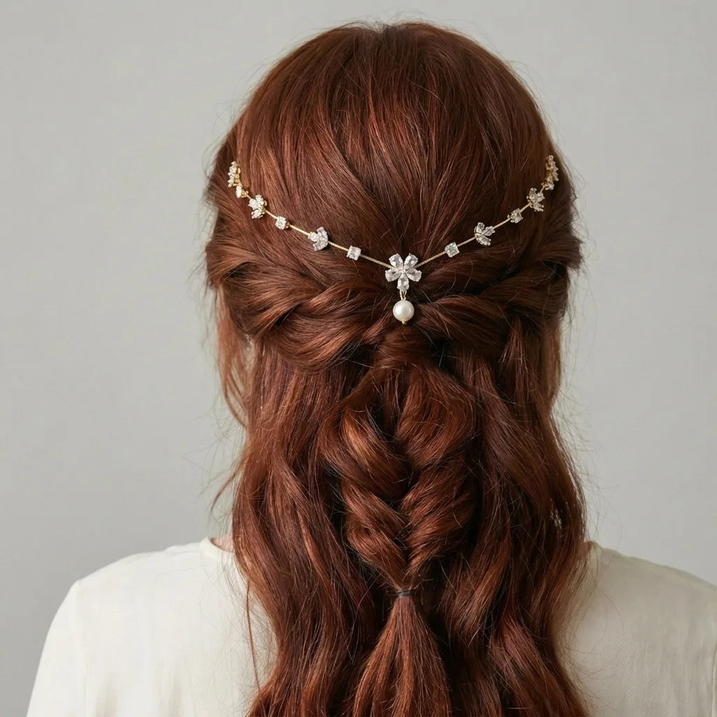 Hera Blossom Pearl Hair Halo | Crystal Bridal Hair Chain