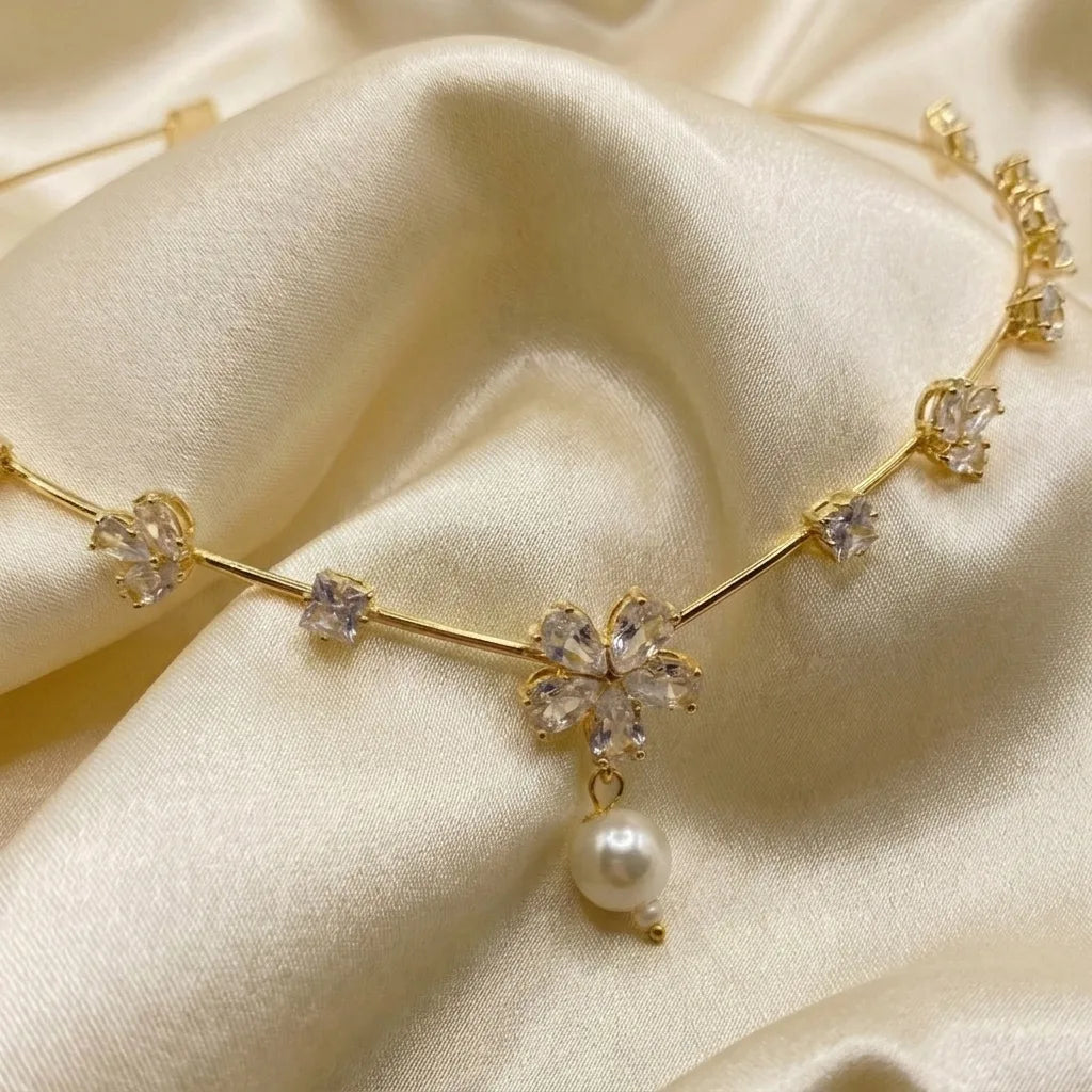 Hera Blossom Pearl Hair Halo | Crystal Bridal Hair Chain