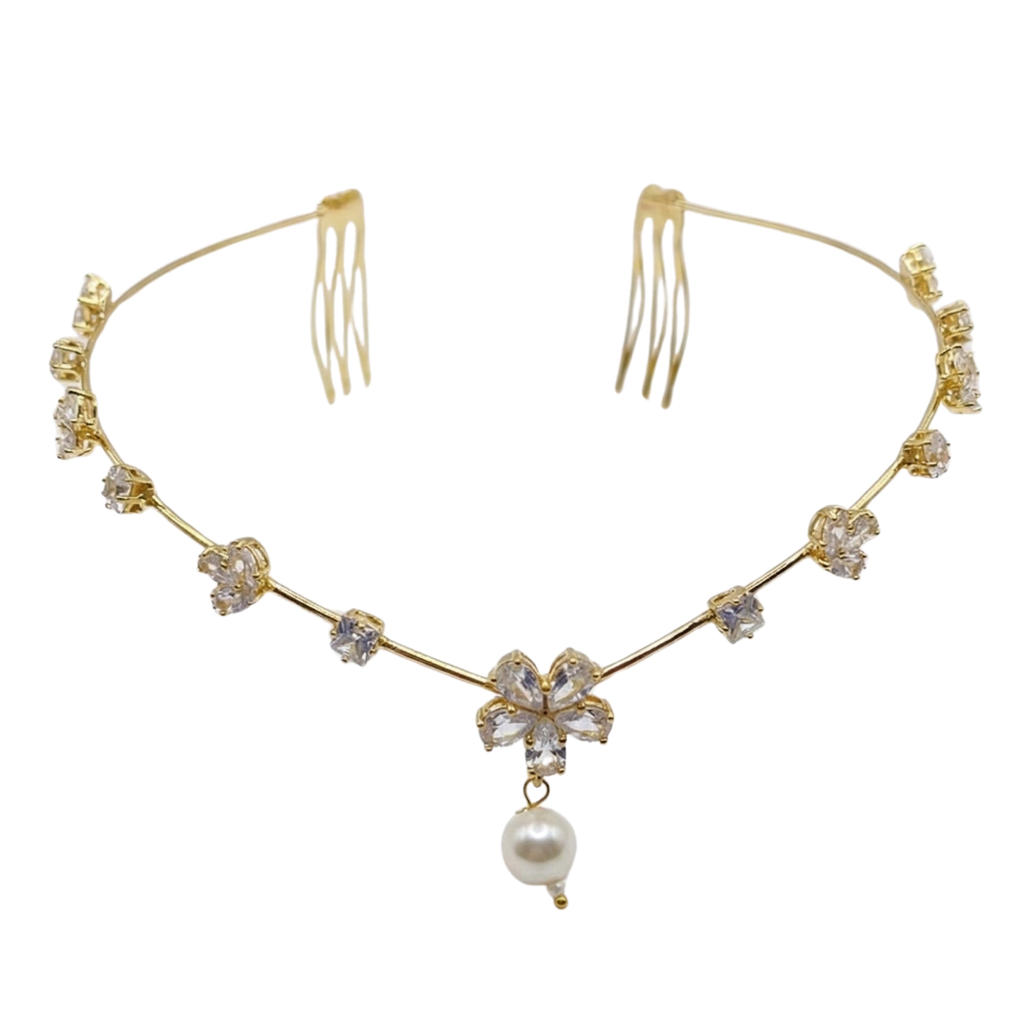 Gold hair vine with floral and pearl details on a white background