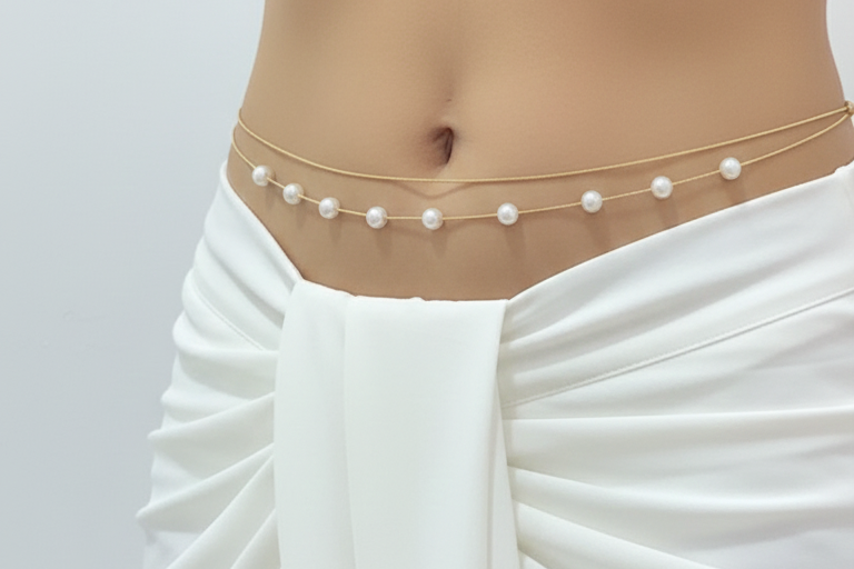 Pearl waist chain on a white dress against a light gray background