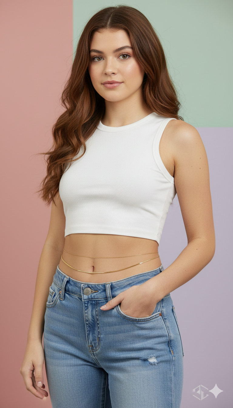 Woman wearing a white sleeveless top and blue jeans against a pastel background