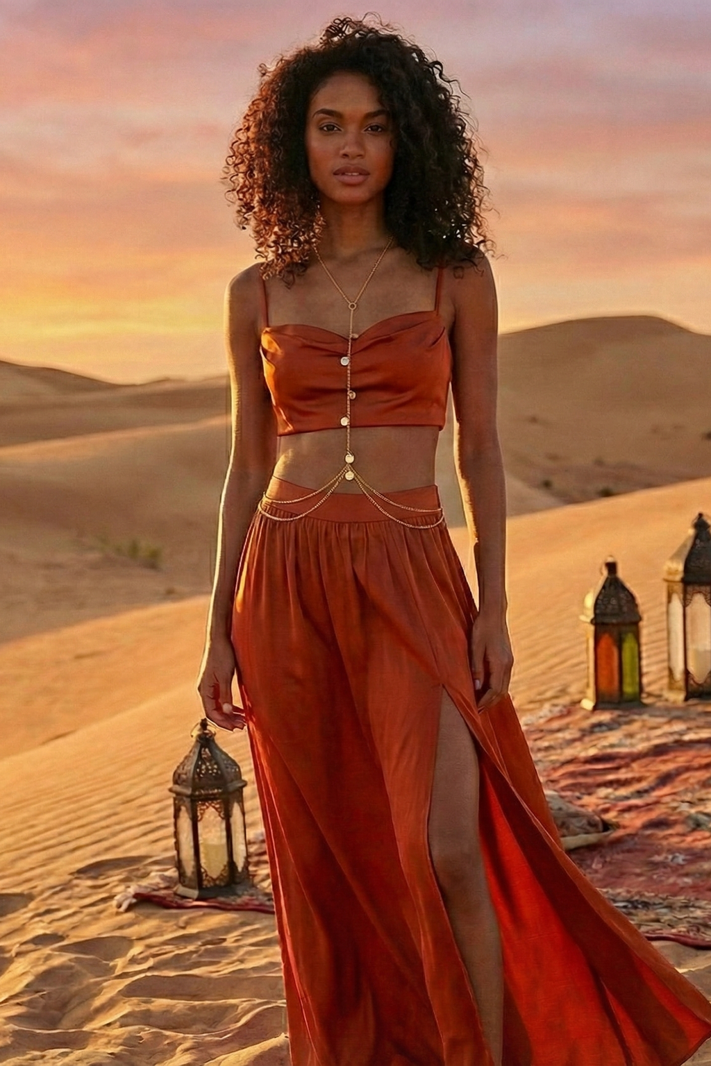 Woman in an orange outfit standing in a desert with lanterns at sunset.