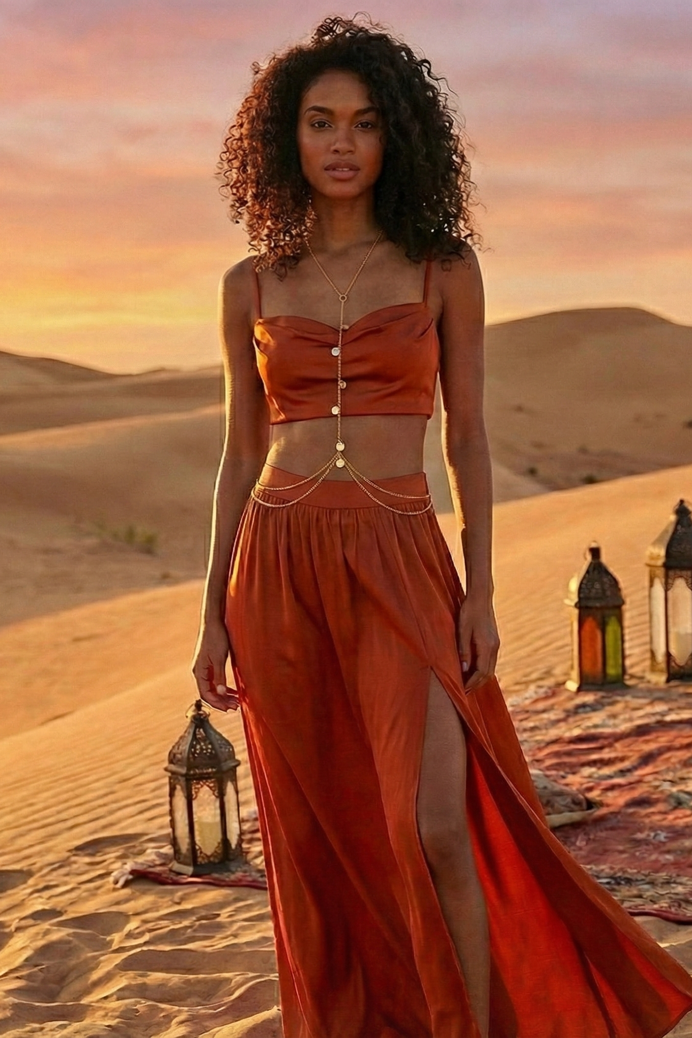 Woman in an orange outfit standing in a desert with lanterns at sunset.