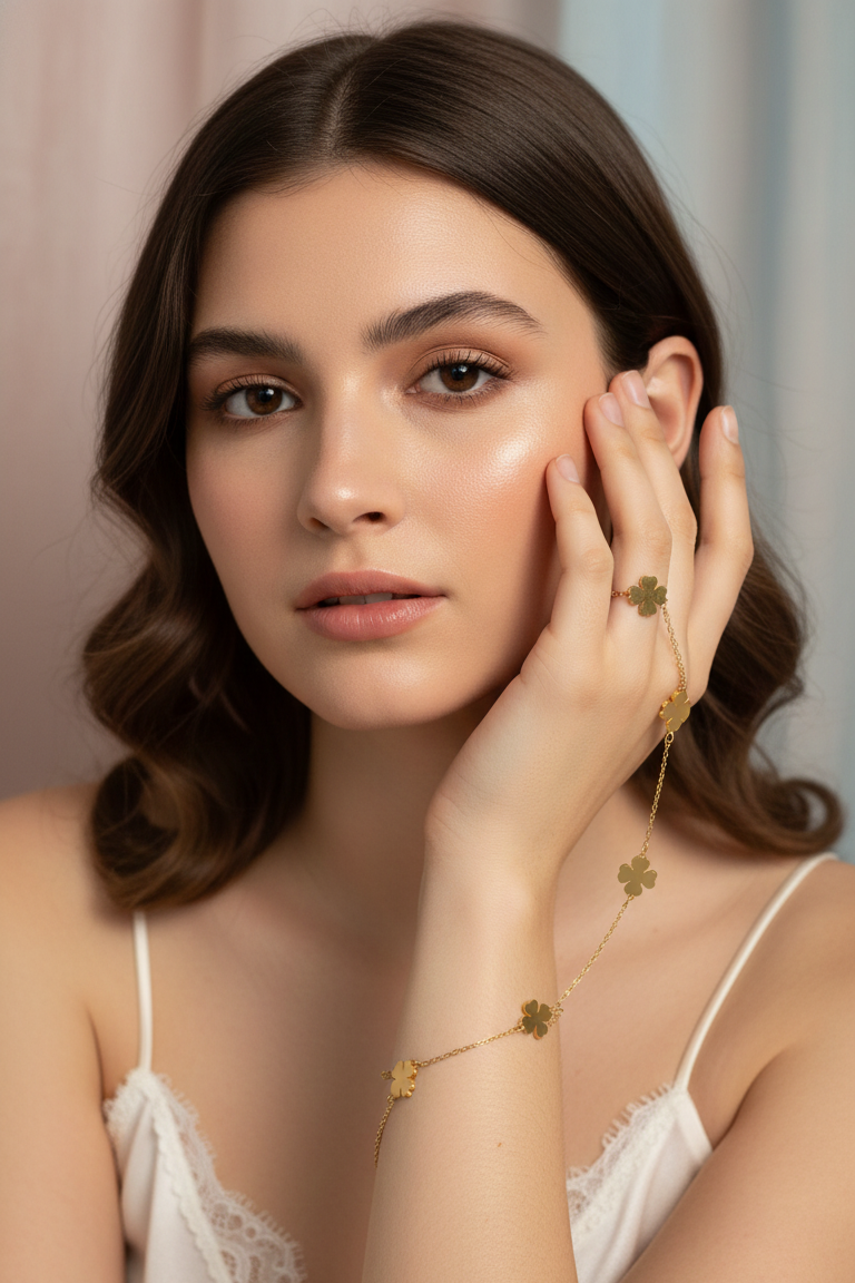 Woman wearing a delicate gold bracelet with a soft background
