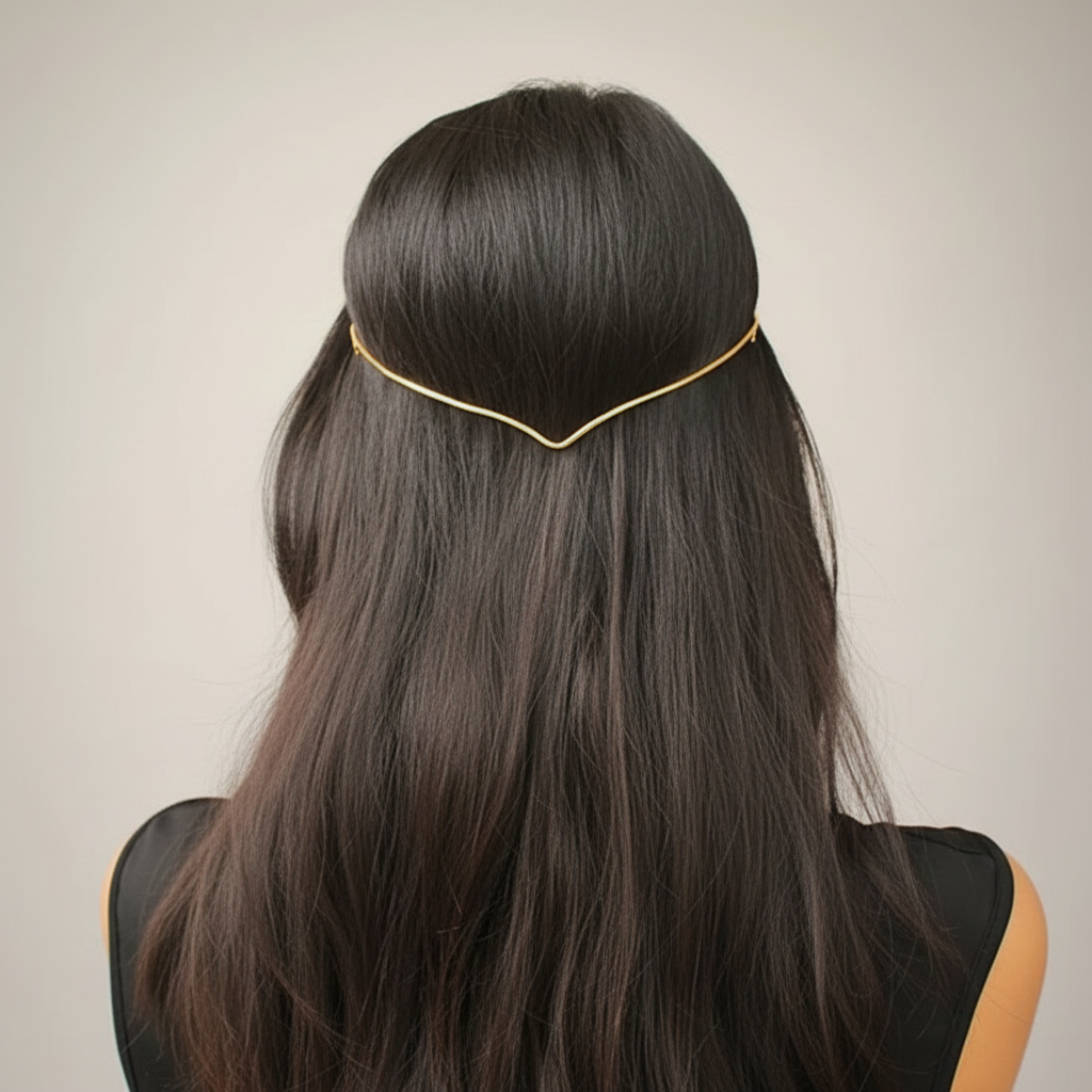 Person with long dark hair wearing a gold headband against a neutral background