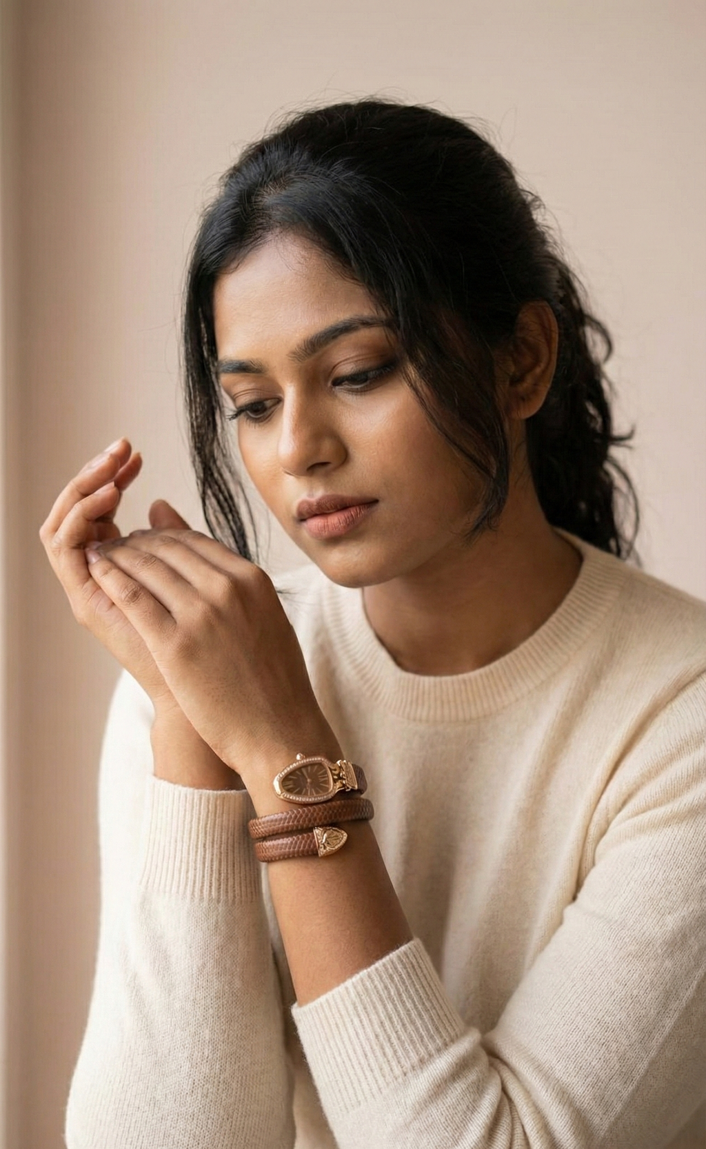 Woman wearing a white sweater and multiple bracelets on a neutral background