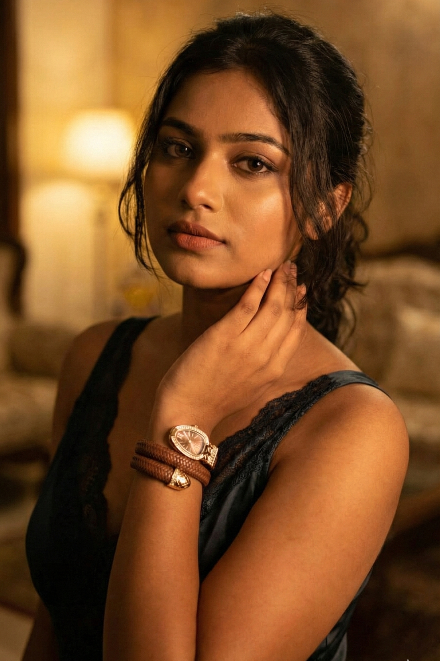 Woman wearing jewelry in a warm-toned indoor setting