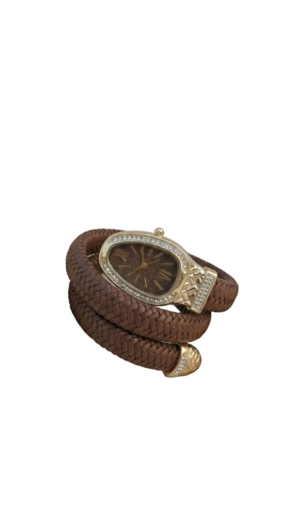Brown braided leather bracelet with decorative clasp on a white background