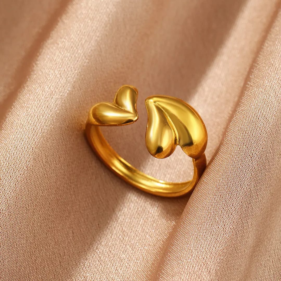Modern Sculptural Gold Open Ring – Puffy Double Heart Design