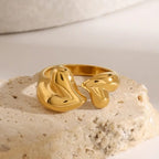 Modern Sculptural Gold Open Ring – Puffy Double Heart Design