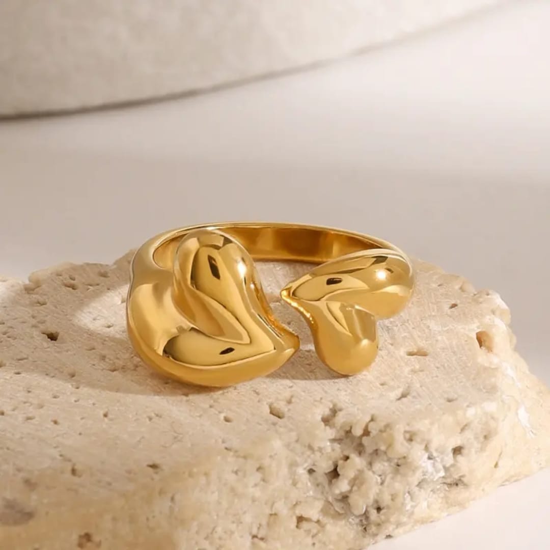 Modern Sculptural Gold Open Ring – Puffy Double Heart Design