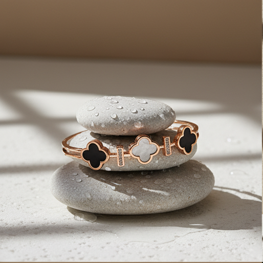 Mother-of-Pearl & Onyx Clover Bangle - ORYX TREND BraceletsGold-toned bangle bracelet featuring an elegant row of clover/quatrefoil motifs inlaid with black onyx and white mother-of-pearl.Default Title#