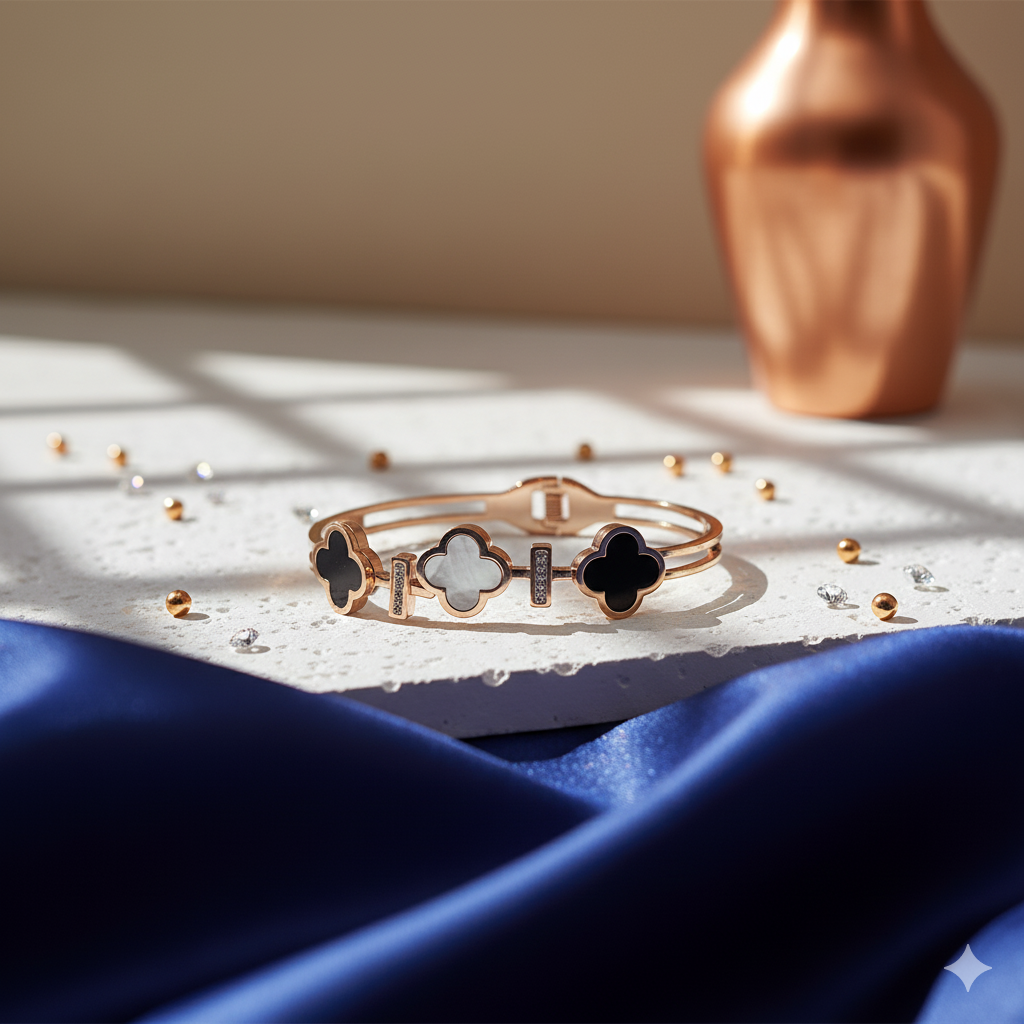 Mother-of-Pearl & Onyx Clover Bangle - ORYX TREND BraceletsGold-toned bangle bracelet featuring an elegant row of clover/quatrefoil motifs inlaid with black onyx and white mother-of-pearl.Default Title#