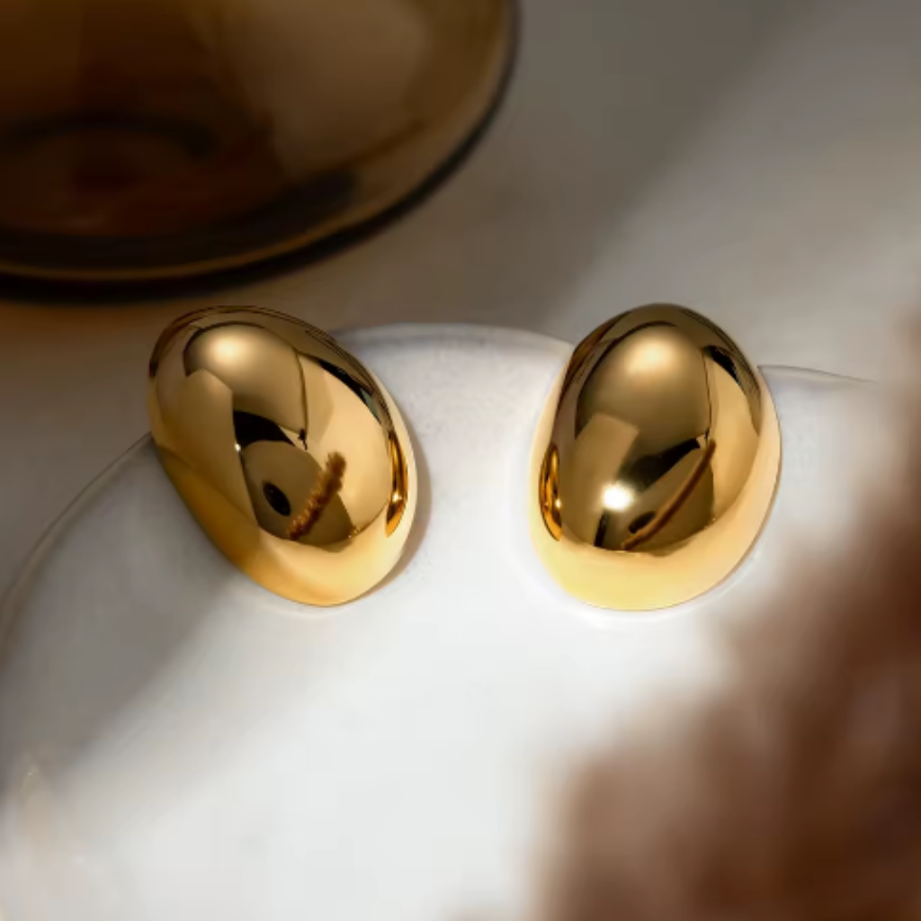 Gold Dome Stud Earrings | Chunky Polished Gold Oval Studs for Women