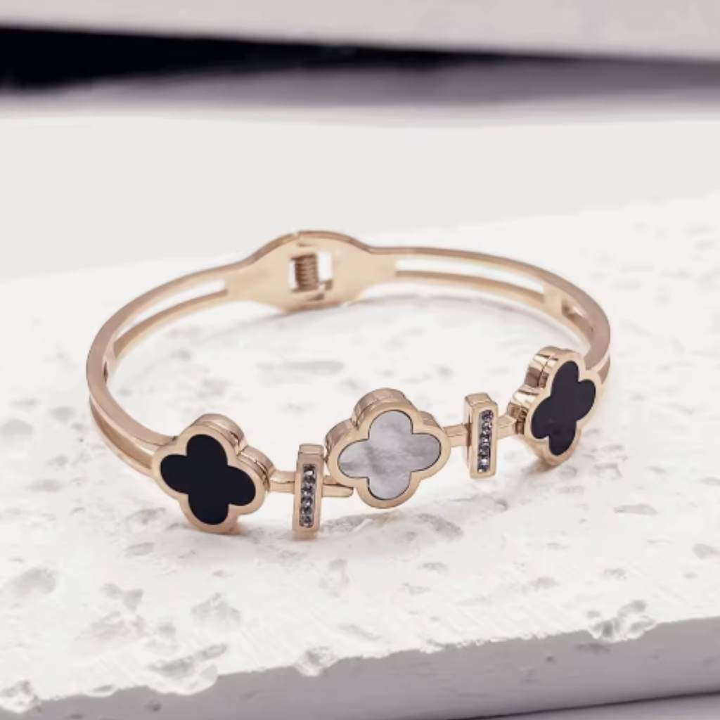 Mother of Pearl Clover Bangle | Black Onyx Clover Bracelet for Women