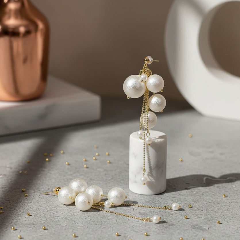 Pearl Cluster Dangle Earrings - ORYX TREND EaringDesign: Dramatic drop earrings featuring a dense cluster of various-sized faux pearls at the top, followed by longer, dangling pearl-tipped chains.Default Title#