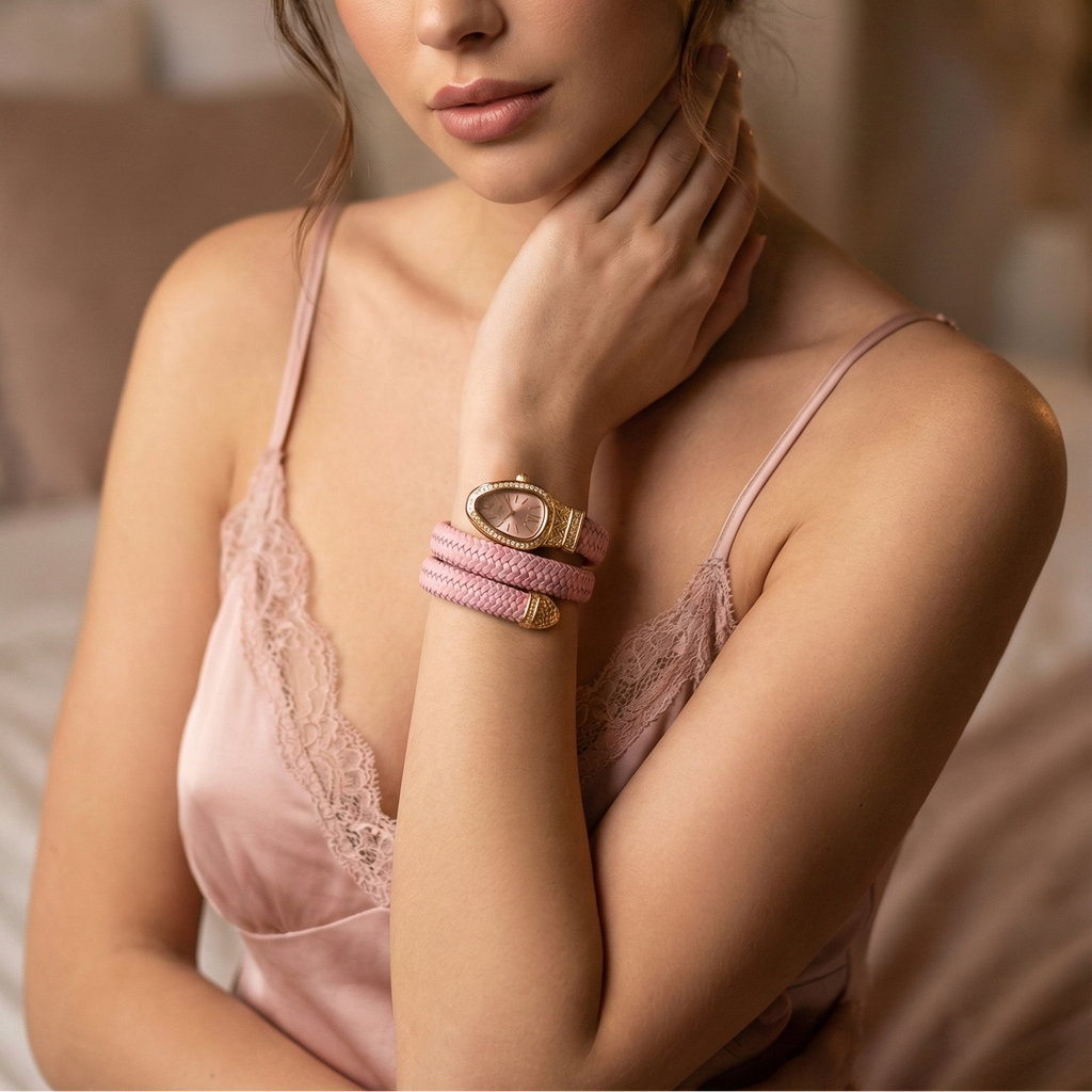 Woman wearing a pink lace nightgown with jewelry, sitting on a bed.