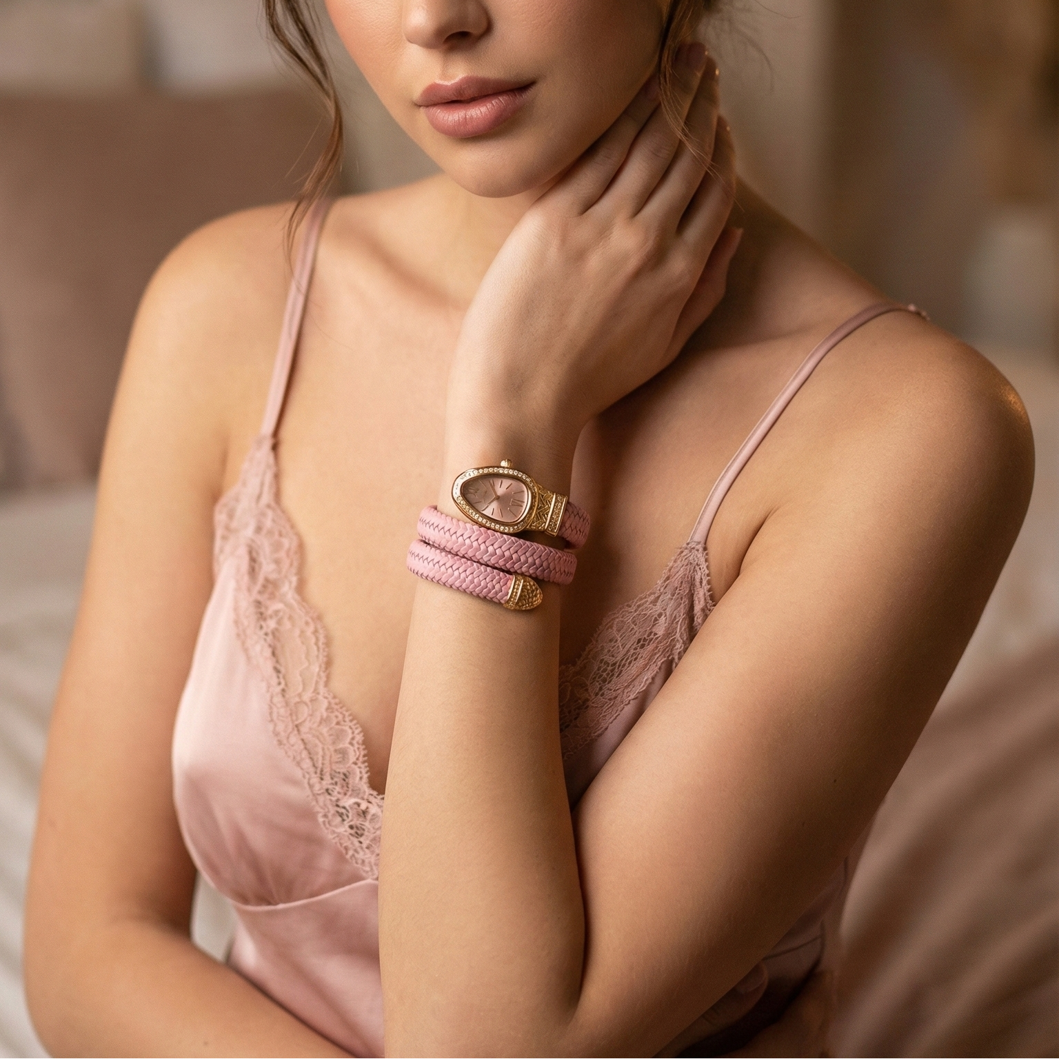 Woman wearing a pink lace nightgown with jewelry, sitting on a bed.