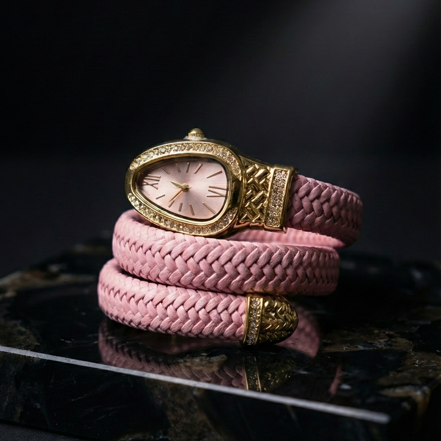 Pink braided bracelet with gold clasp on a dark surface