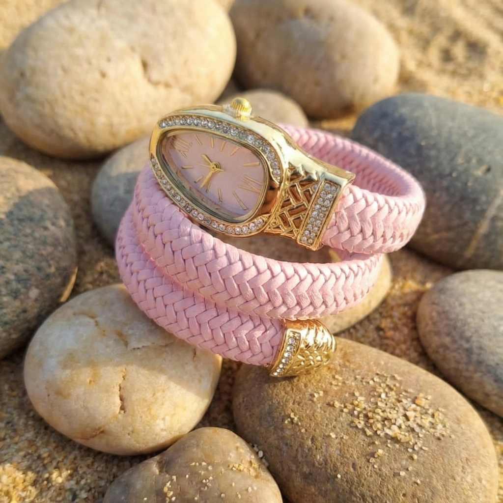 Pink braided bracelet with gold watch face on pebbles