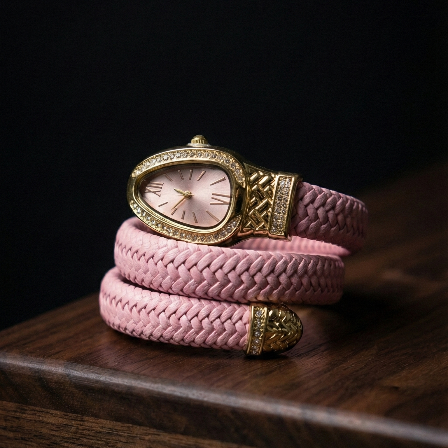 Pink braided bracelet with gold clasp on a dark wooden surface