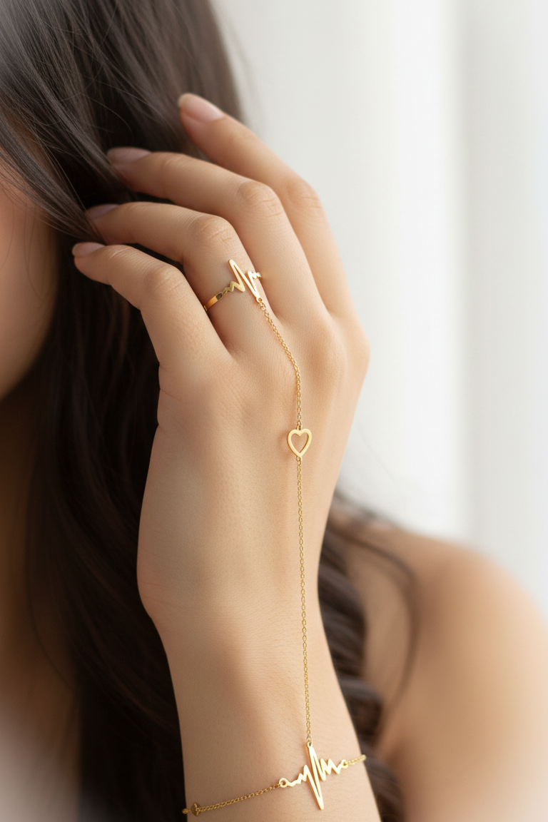 Gold bracelet with heart design on a blurred background