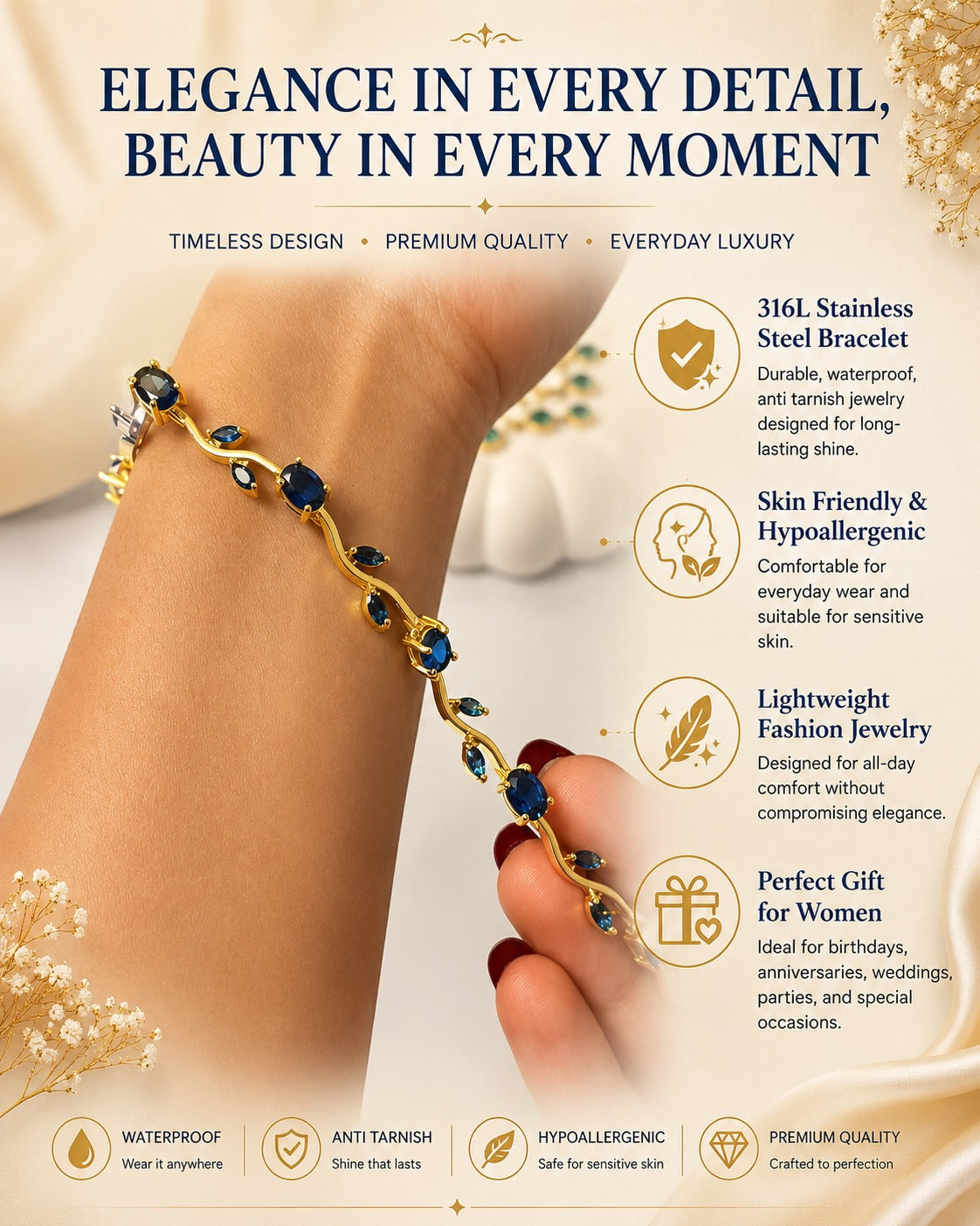 Sapphire Blue Stone Bracelet | Gold Blue CZ Tennis Bracelet for Women