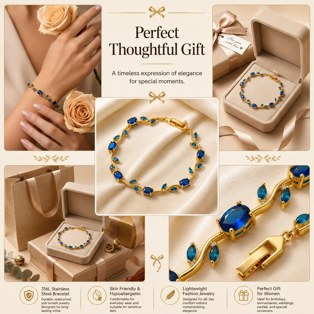 Sapphire Blue Stone Bracelet | Gold Blue CZ Tennis Bracelet for Women